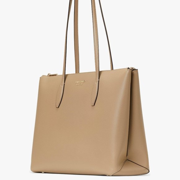 New Kate Spade All Day Large Zip-Top Tote Crossgrain Leather Timeless Taupe - Picture 1 of 5